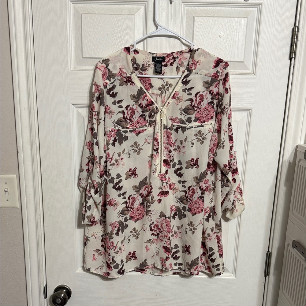 Jou Jou Cream Tunic Blouse with Pink Floral Print